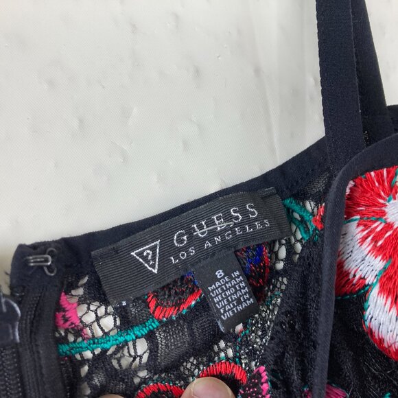 Guess Sz S Embroidered Floral Lace Dress Off Shoulder Black Colorful Flowers - Picture 6 of 7